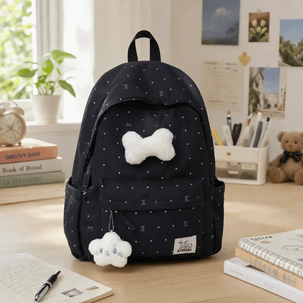 Sac à dos léger et mignon à pois avec nœud, décontracté, pour étudiants, polyvalent, respirant, grande capacité, pour l'école et l'université