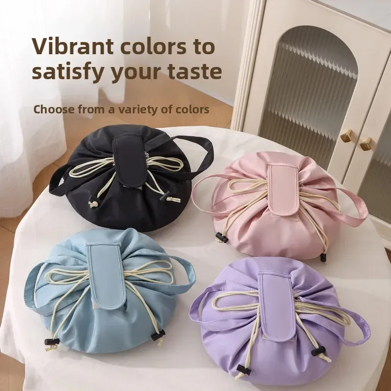 sac de maquillage portable grande capacité avec cordon de serrage, trousse de toilette de voyage, sac de rangement pour pinceaux cosmétiques tendance, en polyester, forme cubique