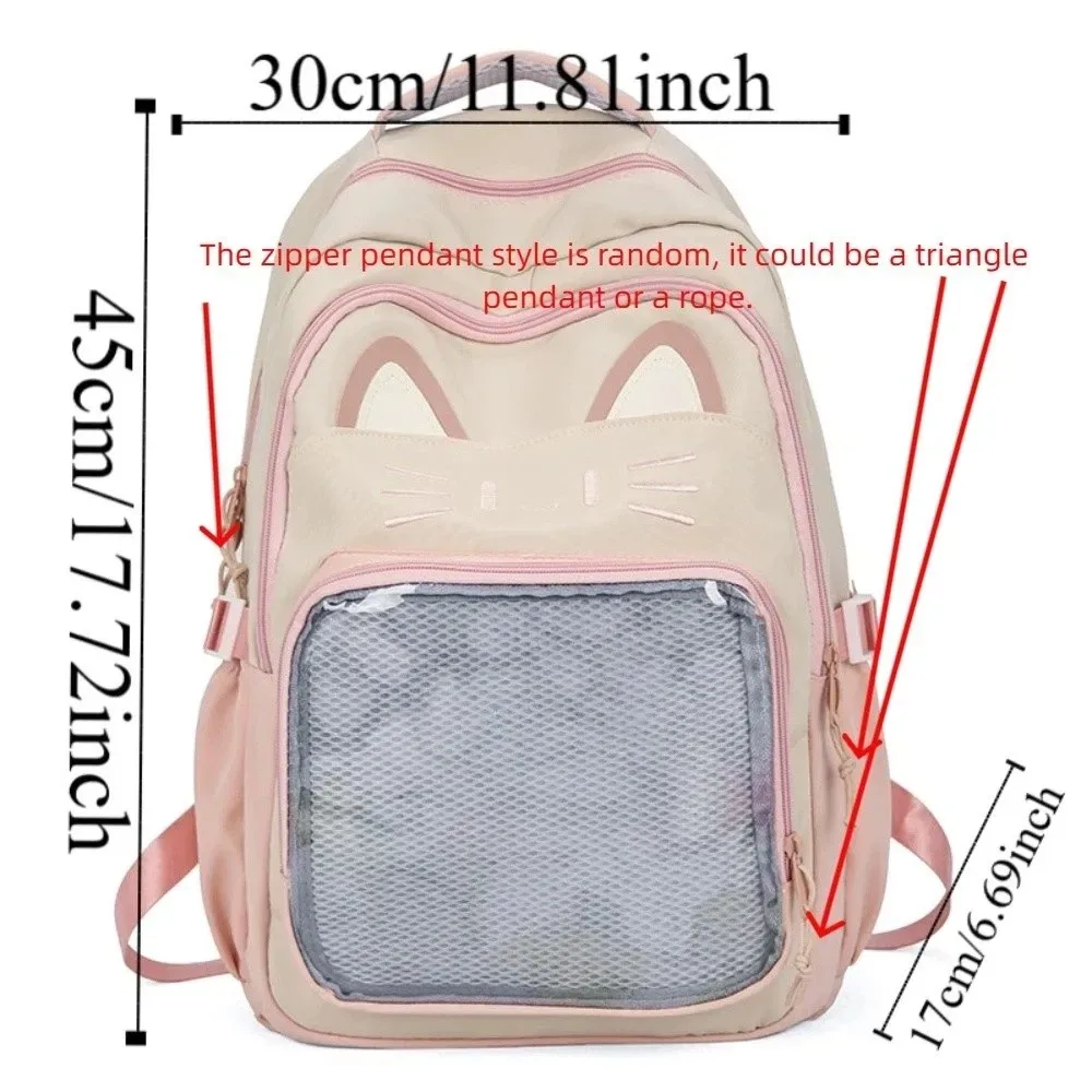 sac ita brodé tendance style preppy grande capacité poche transparente sac à dos étudiant chat mignon pour femme