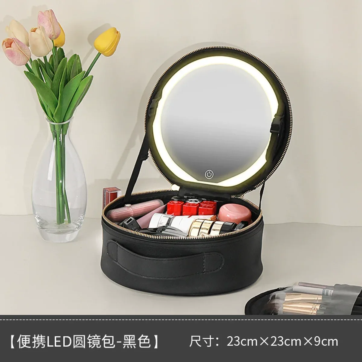 sac à cosmétiques circulaire avec lumière led miroir, sac de rangement de cosmétiques portable de grande capacité pour voyages d'affaires, étui à cosmétiques