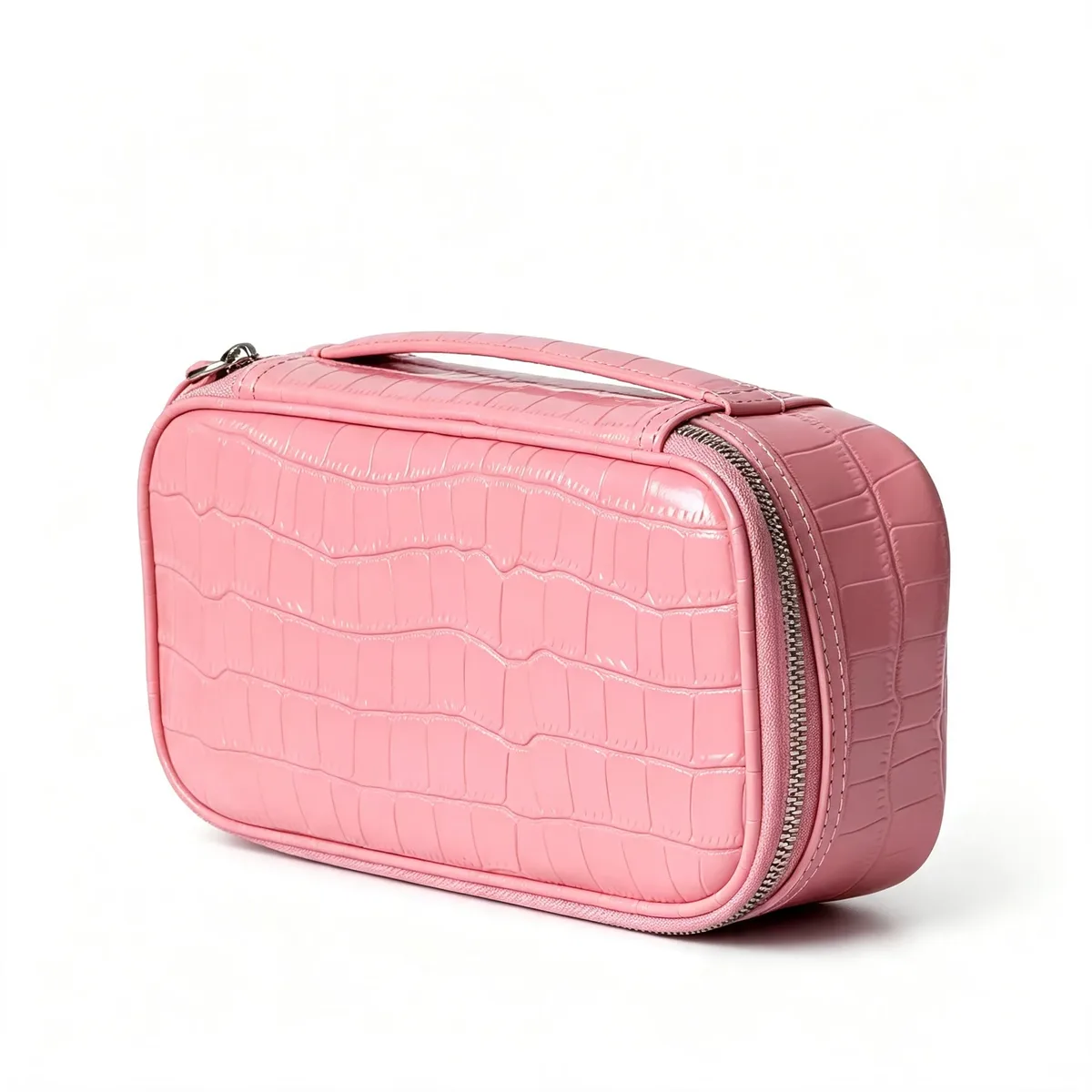 sac à cosmétiques en cuir de vachette rose à motif crocodile, sac de toilette de luxe de grande capacité, en cuir véritable, pour voyage, rangement portable, trousse de toilette