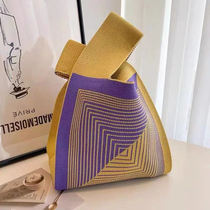 sac à main en tricot fait à la main pour femme, mini sac de poignet à nœud, sac fourre-tout à carreaux à large rayure, sacs à provisions réutilisables pour étudiants, document décontracté japonais