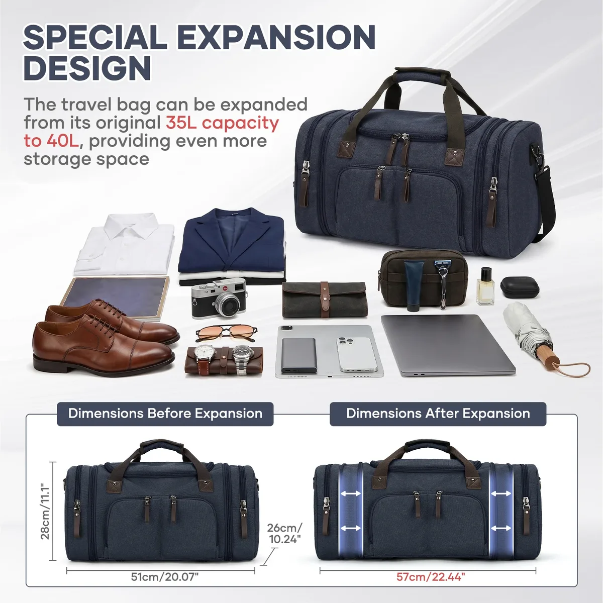 Sac de voyage en toile pour hommes - Sac de week-end extensible, bagage à main pour la salle de sport, les courts séjours, sac de voyage pour hommes et femmes