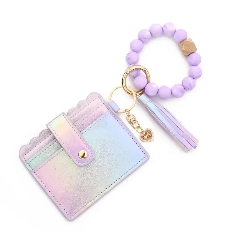 porte-cartes adorable pour filles, portefeuille dégradé de couleurs, breloque cœur, bracelet perles en silicone, étui en cuir pour cartes d'identité - organisateur tendance