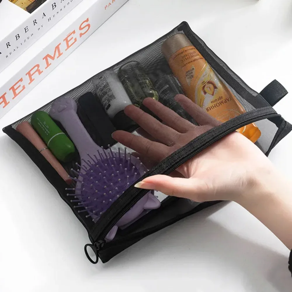 grande trousse de toilette zippée pour femme, noire, blanche, grise, organiseur de maquillage, pochette transparente en maille, sac de voyage pour maquillage