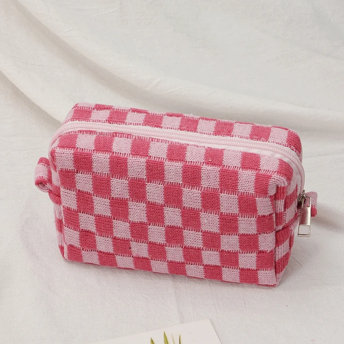 sac à cosmétiques en damier, sac de rangement de toilette tricoté, pochette de maquillage colorée, organisateur, sac à cosmétiques à motif à carreaux