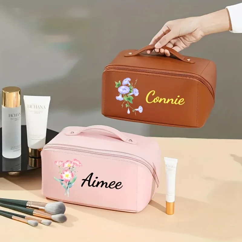 trousse de maquillage personnalisée avec fleurs et nom, trousse de maquillage à fermeture éclair, trousse de maquillage grande capacité pour femmes