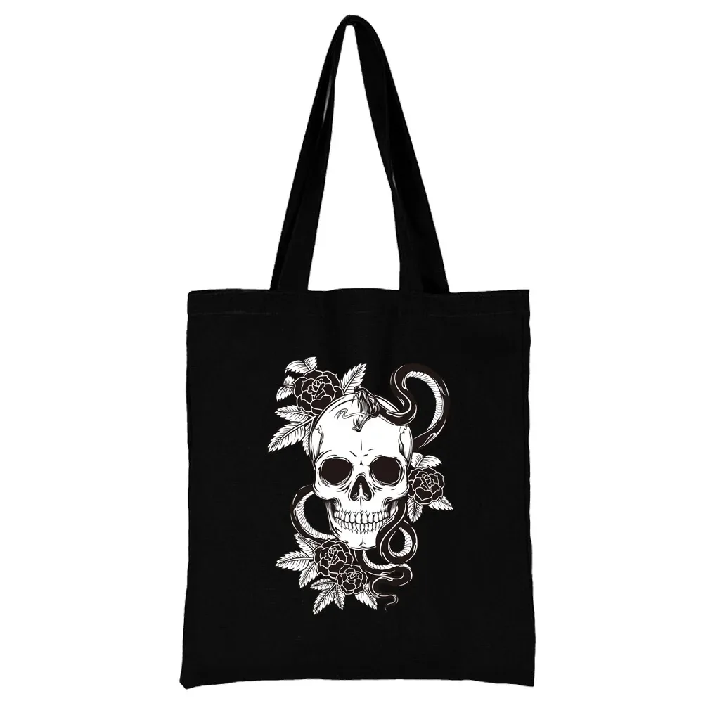 sac de shopping en toile noire pour femmes, fourre-tout décontracté réutilisable, sac à bandoulière à motif blanc imprimé, sac à main pliable de grande capacité