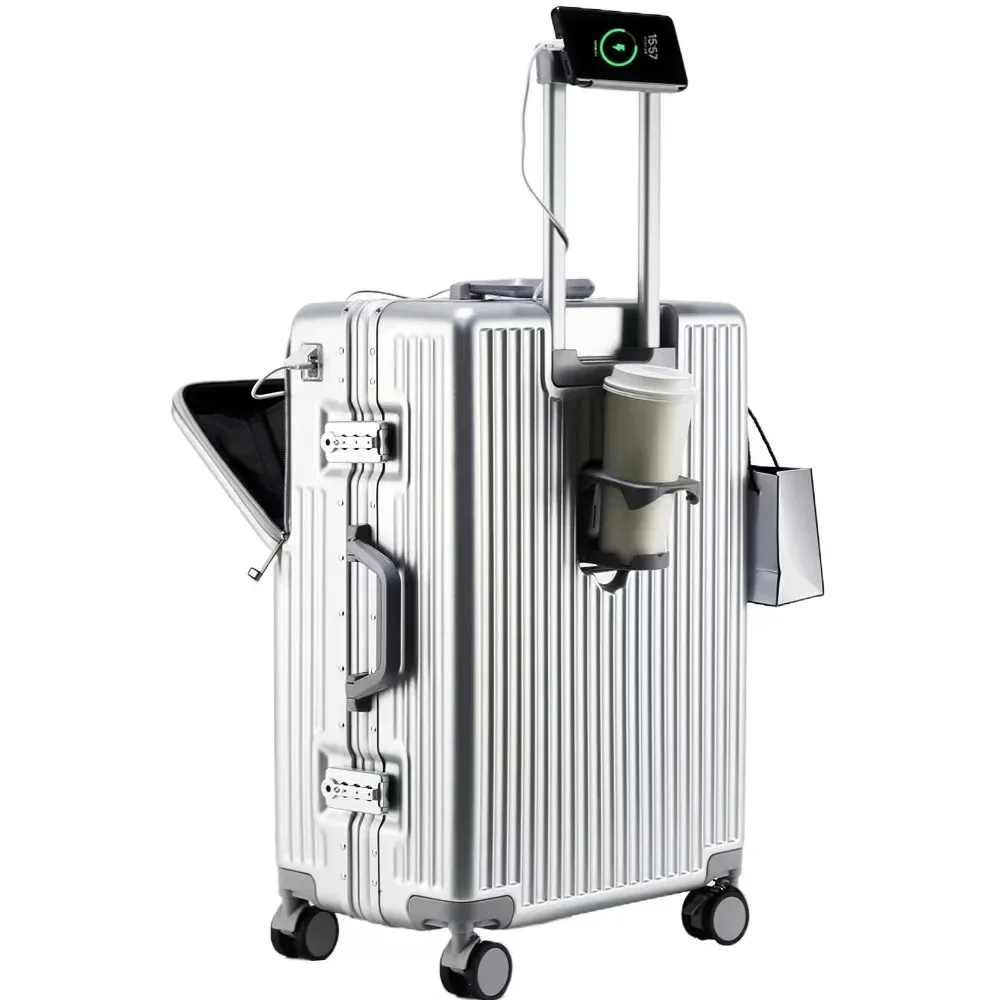 valise à cadre en aluminium, bagage de cabine à ouverture avant avec porte-gobelet usb, boîtier de chariot pour femme, valise de voyage avec roue de frein pour homme