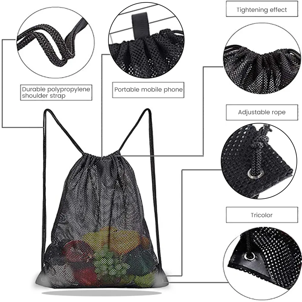 sac à dos en maille à cordon de serrage, sacs en maille noire, sac en filet pour ballon de football robuste, sac d'équipement pour salle de sport, plage, équipements de natation