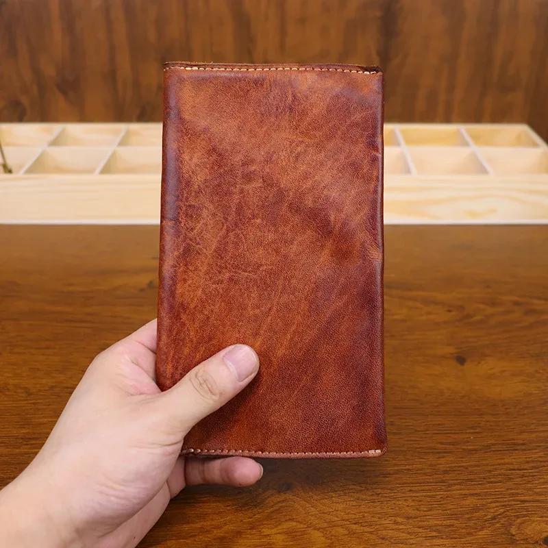 porte-passeport d'affaires en cuir véritable, tannage végétal, organisateur de documents en détresse à la main, support pour téléphone, portefeuille long en cuir de vache