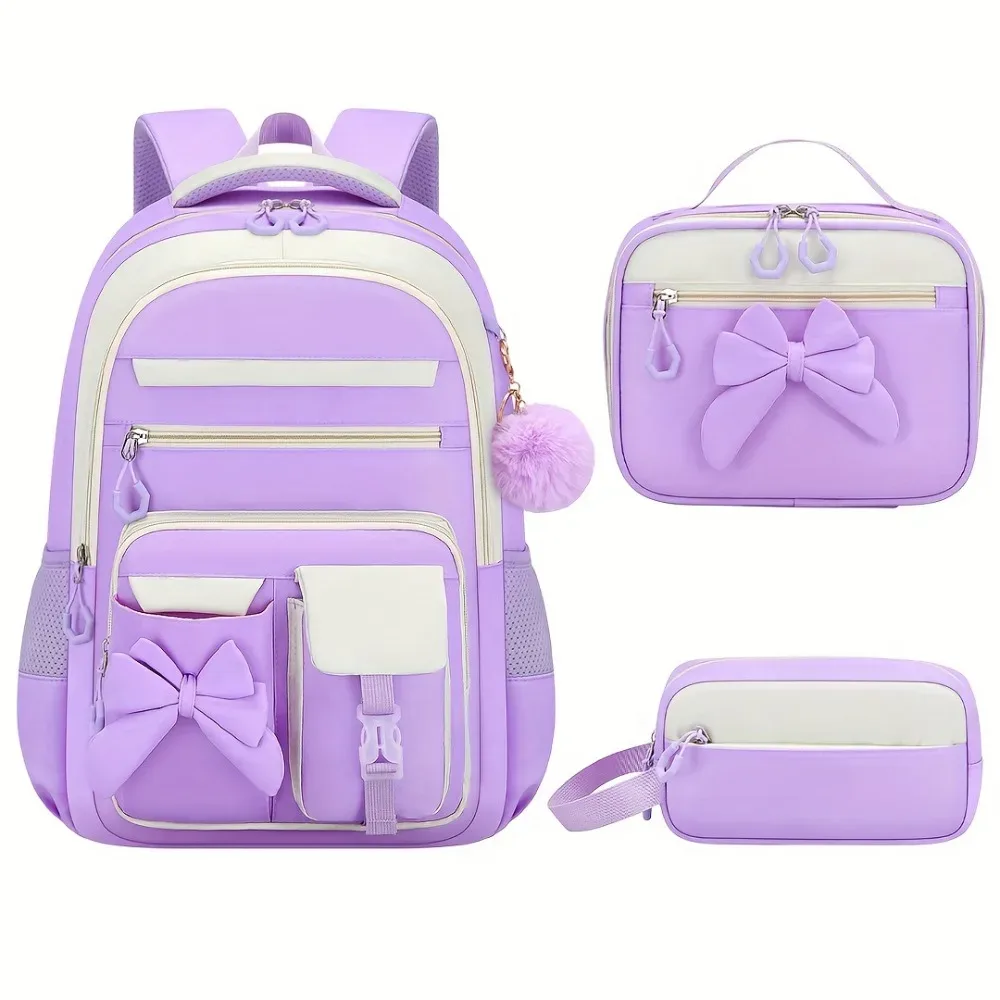 ensemble de 3 sacs à dos, sac à lunch et trousse à crayons en tissu oxford imperméable avec nœud papillon, léger et grande capacité