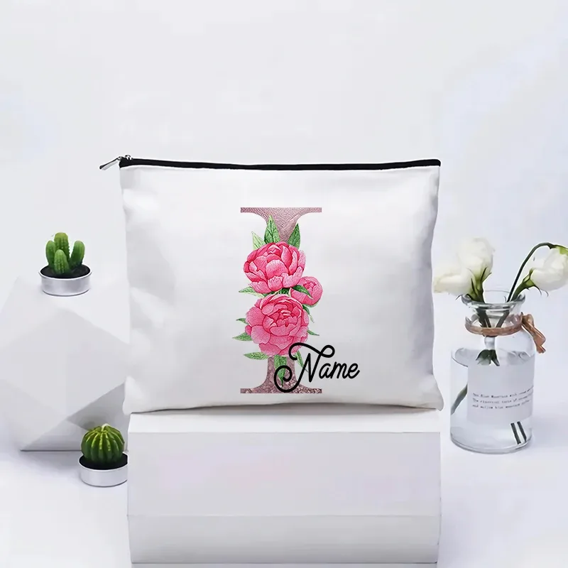trousse de maquillage personnalisable avec prénom, cadeau de mariage, grande pochette en toile à fermeture éclair, motif floral pivoine, essentiels de voyage, maquillage