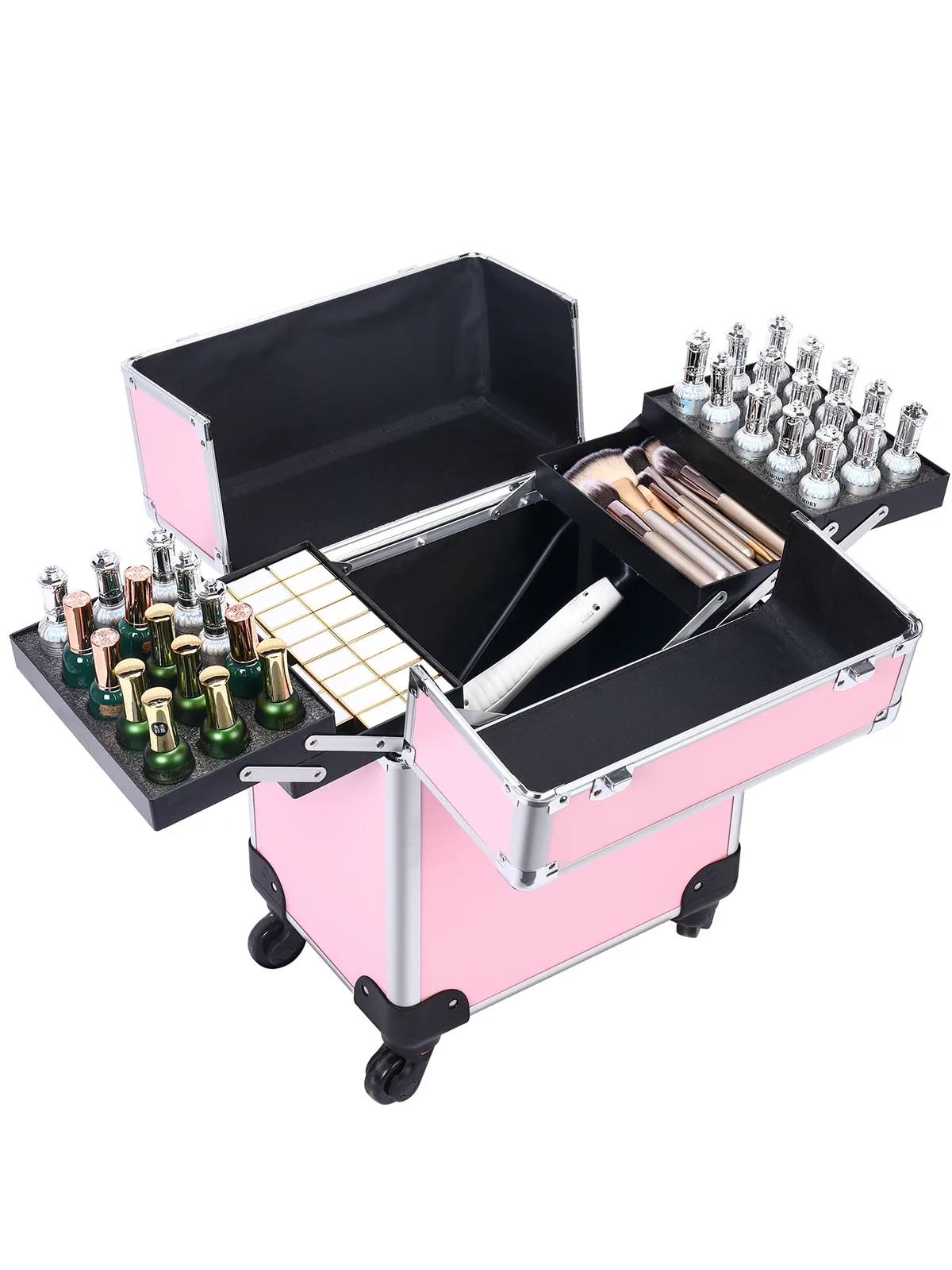 mallette de train de maquillage, chariot de maquillage roulant professionnel avec séparateurs réglables, organisateur de vernis à ongles, étui de train de voyage pour bijoux