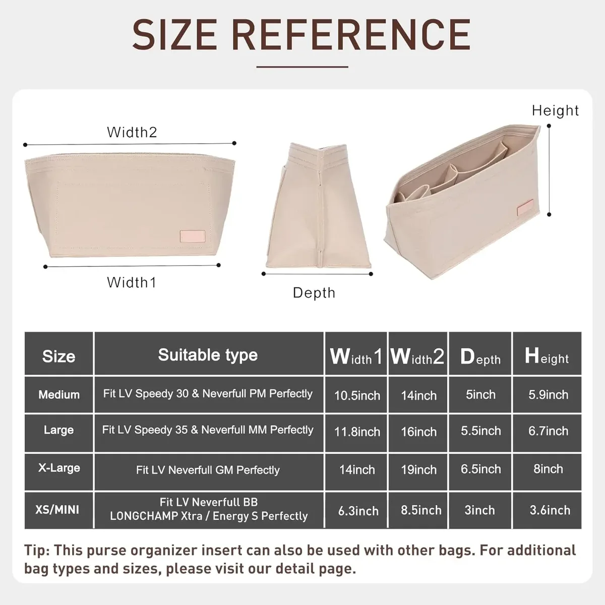 ensemble de 2 pièces d'insertion d'organisateur de sac à main pour sacs à main, organisateur de sac en feutre pour fourre-tout et sac à main, insert d'organisateur de sac fourre-tout, pour lv neverfull