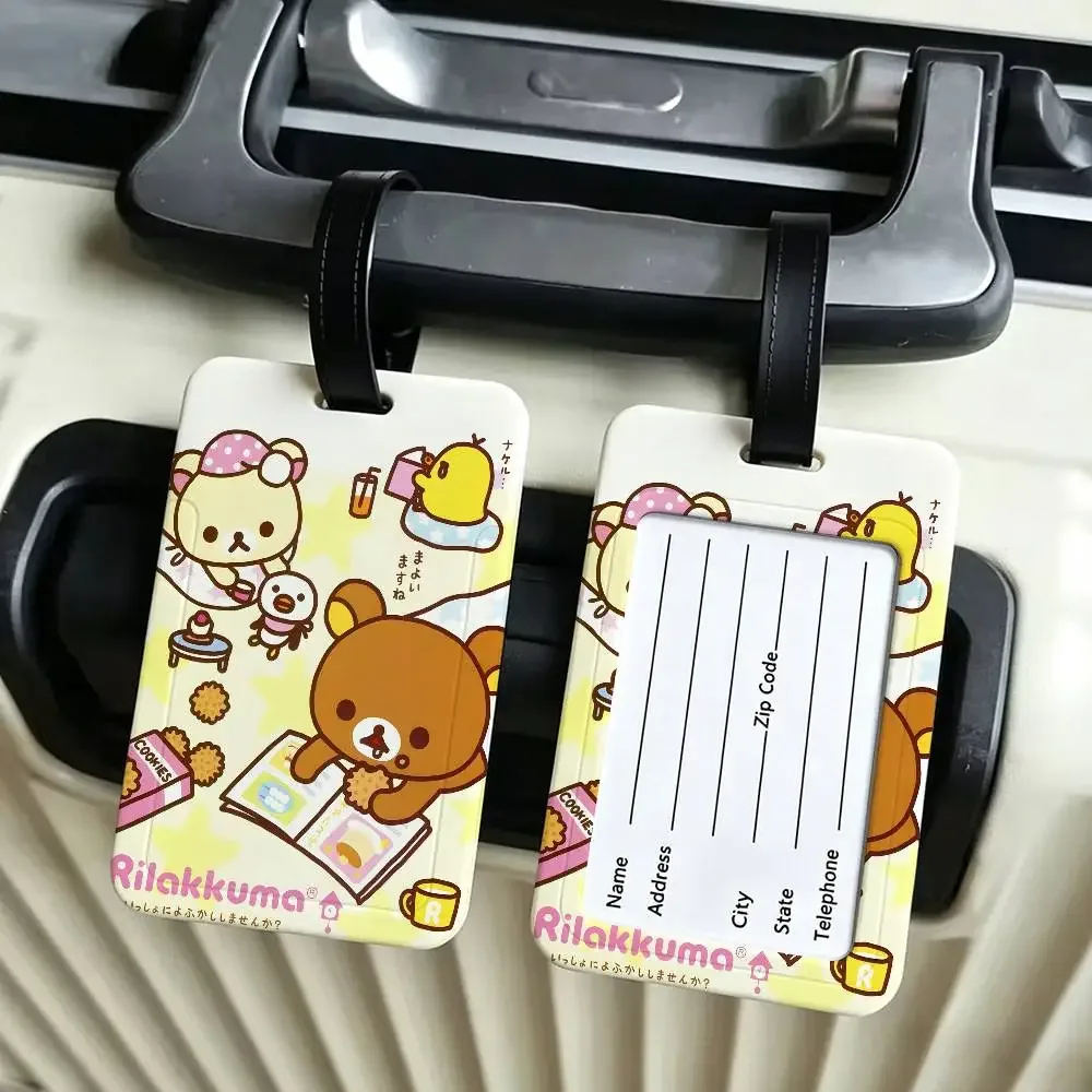 étiquette de bagage de voyage r-rilakkuma mellow-comfy, couverture de carte d'information en pvc, marqueur de nom anti-perte pour sac à dos
