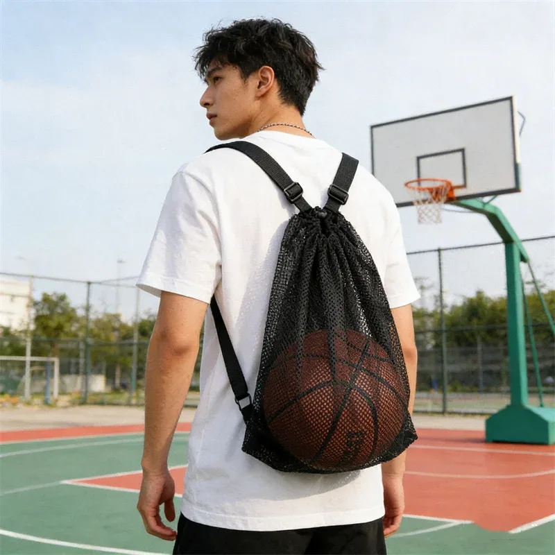 sac à dos en maille portable grande capacité avec cordon de serrage, sacs de rangement pour football, basketball, randonnée, sport, voyage, gym, shopping