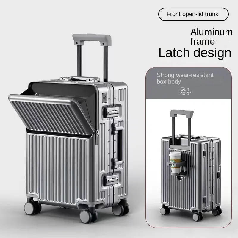 nouveau bagage cadre en aluminium ouverture avant pochette d'ordinateur valises de voyage multifonctions 20 pouces transporteur cabine sac boîtier de chariot