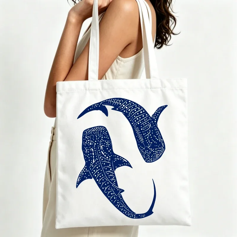sac fourre-tout en toile avec motif de requin baleine, style décontracté pour les courses quotidiennes et les sorties estivales