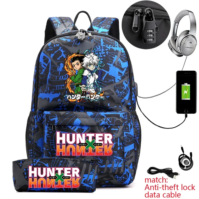 sac à dos hunter x hunter anime pour étudiants, sac à dos antivol décontracté avec trousse à crayons pour garçons et filles, sac d'école