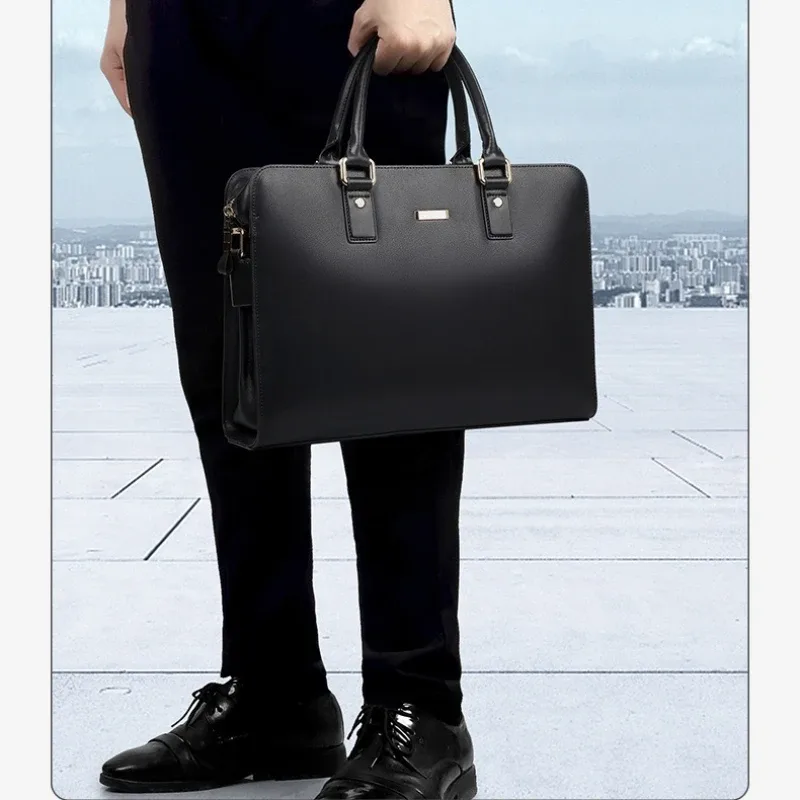 porte-documents en cuir véritable pour hommes, en cuir de vache fendu, grande capacité, sac à main d'affaires horizontal, pochette d'ordinateur, nouvelle collection