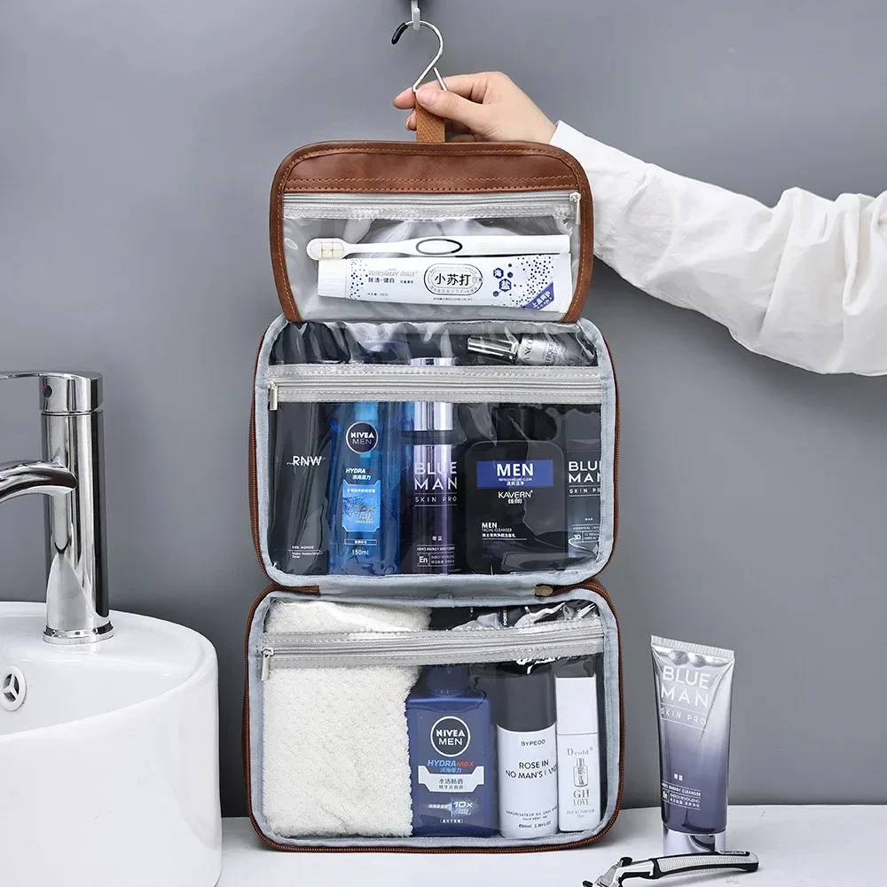 Sac de rangement Portable en cuir PU pour hommes et femmes, sac de rangement d'affaires à fermeture éclair, organisateur de produits de toilette, sac à cosmétiques de voyage, pochette de lavage étanche suspendue