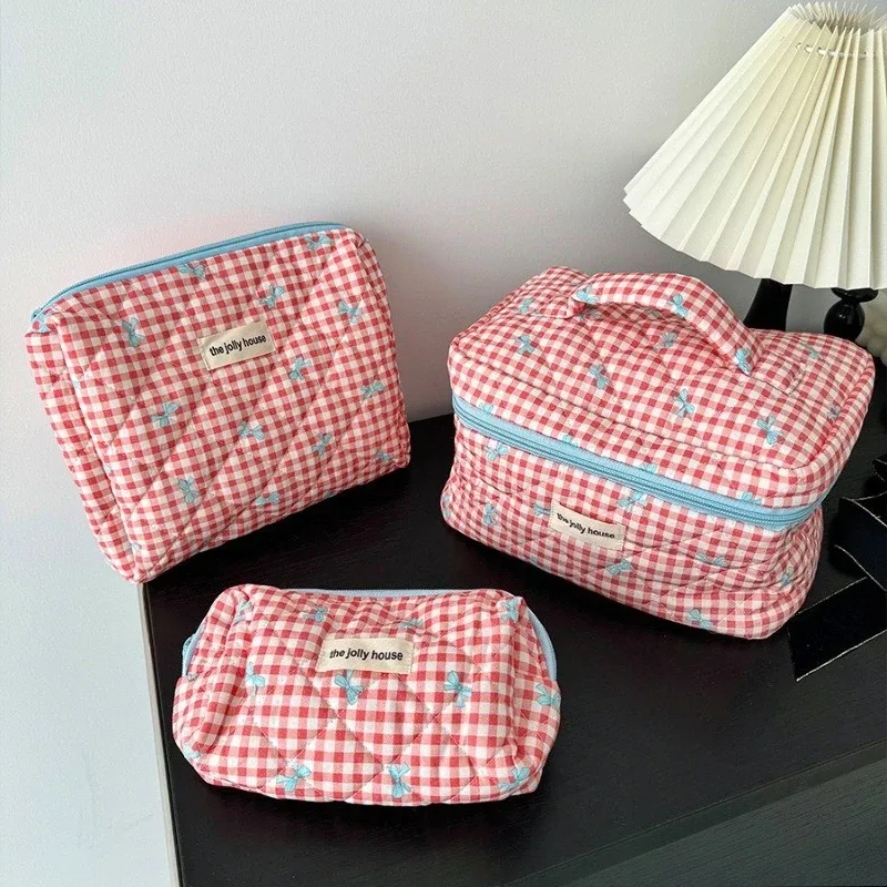 sac de maquillage en tissu de coton avec nœud mignon pour femmes, organisateur de cosmétiques à fermeture éclair, sac à main en forme de boîte, trousse de toilette portable pour filles