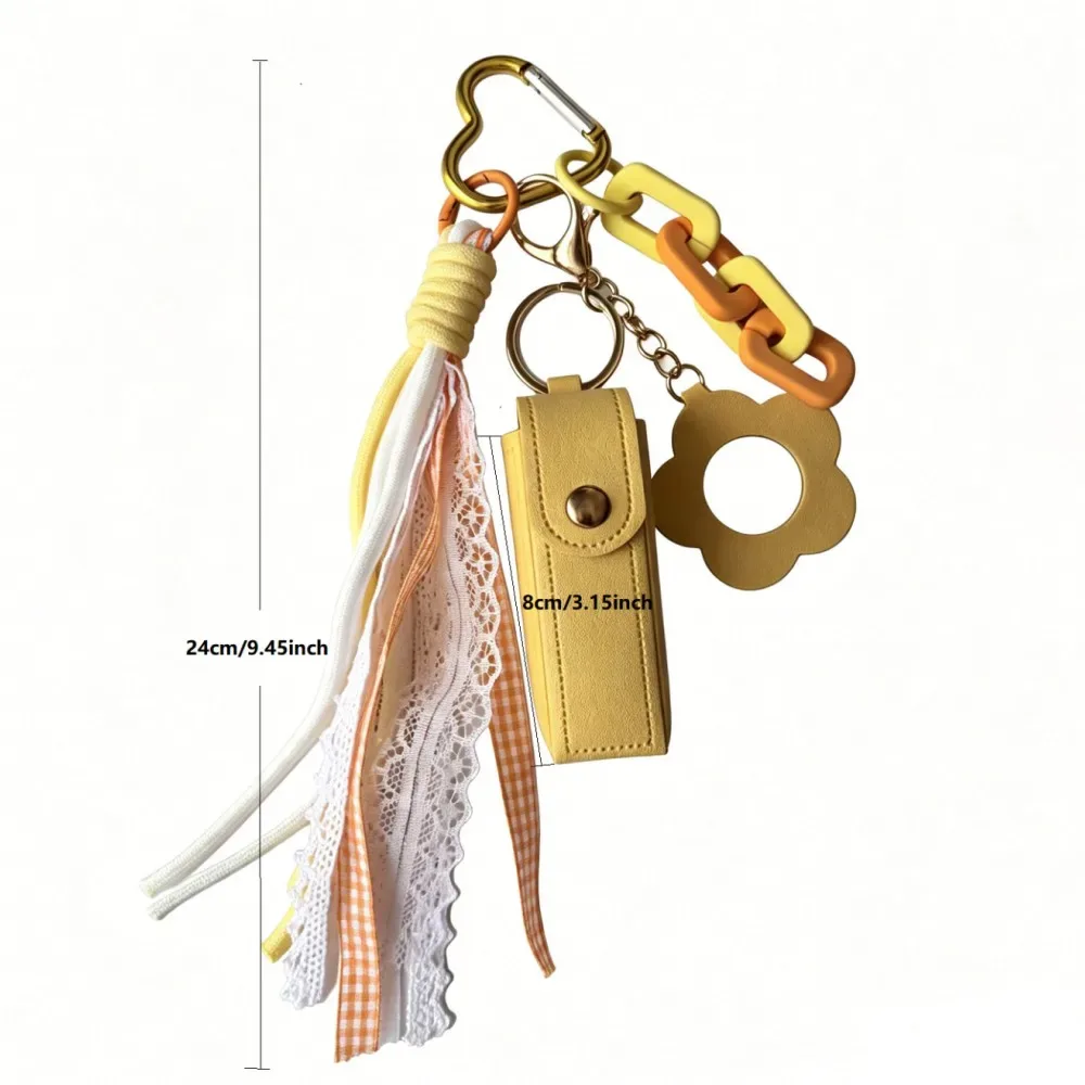 porte-clés étui à rouge à lèvres en dentelle avec pompon, breloque de sac en pu jaune avec miroir fleur, accessoire esthétique pour sac à dos femme