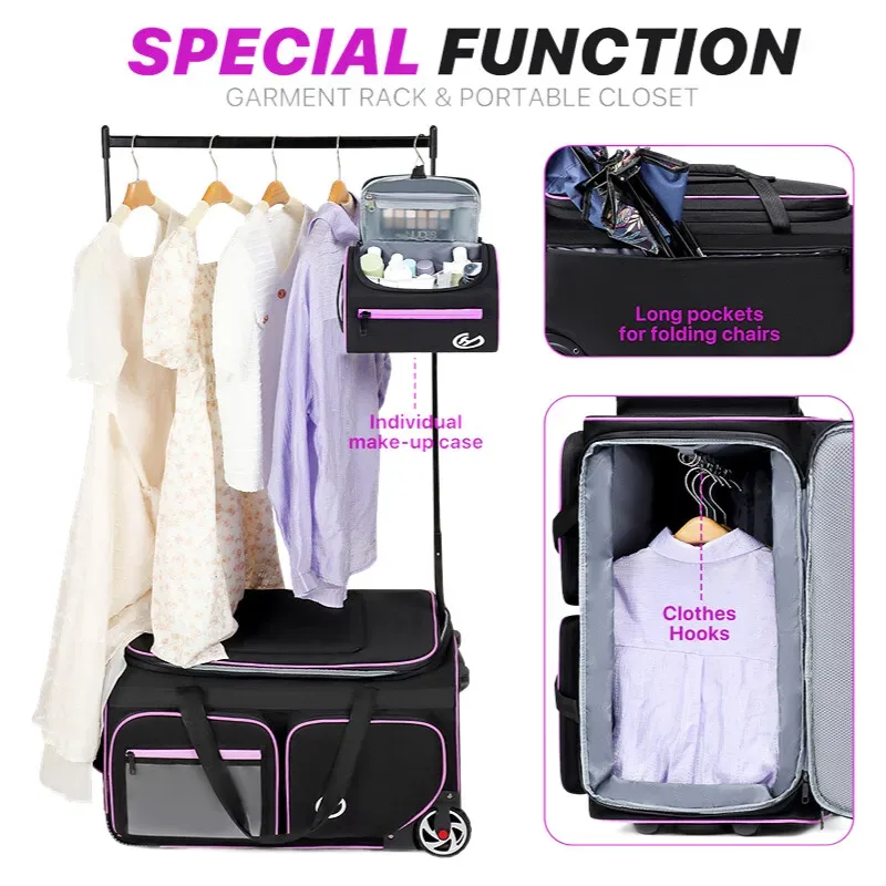 sac de rangement de voyage multifonctionnel, boîtier de chariot de rangement oxford avec support de cintre et compartiments détachables pour sac de sport de danse