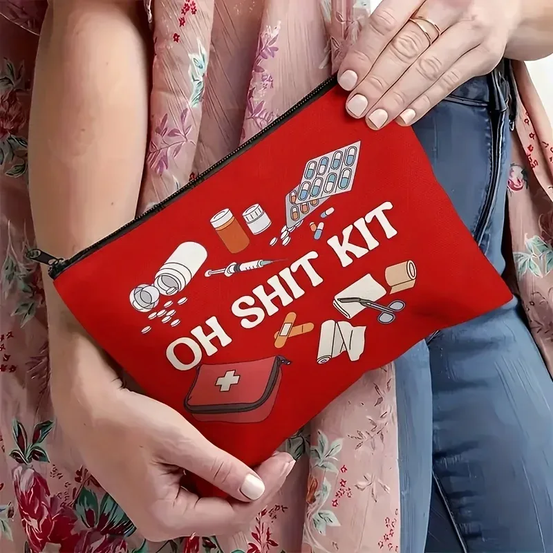 oh no, un sac! une pochette rouge avec motif imprimé, un sac d'accessoires de voyage humoristique, un trousse de premiers secours portable pour les cosmétiques