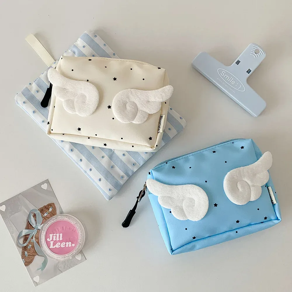 sac à main ailes pour femmes, petite trousse de maquillage, sac de rangement utile, pochette de papeterie, décor d'ange de dessin animé doux, mini sac de poche portable mignon