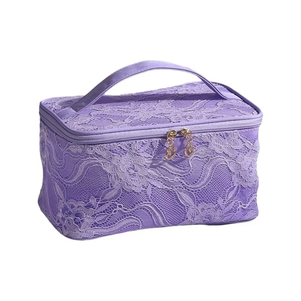 pochette de rangement en dentelle de couleur unie, sac de maquillage de grande capacité avec poignée, sac de rangement pour cosmétiques, trousse de toilette florale respirante pour femmes