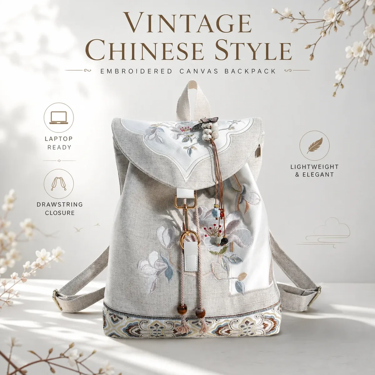 Sac à dos en toile Muling 15 pouces, style vintage chinois Hanfu, brodé, avec cordon de serrage, fermeture éclair antivol, pour ordinateur portable, usage quotidien