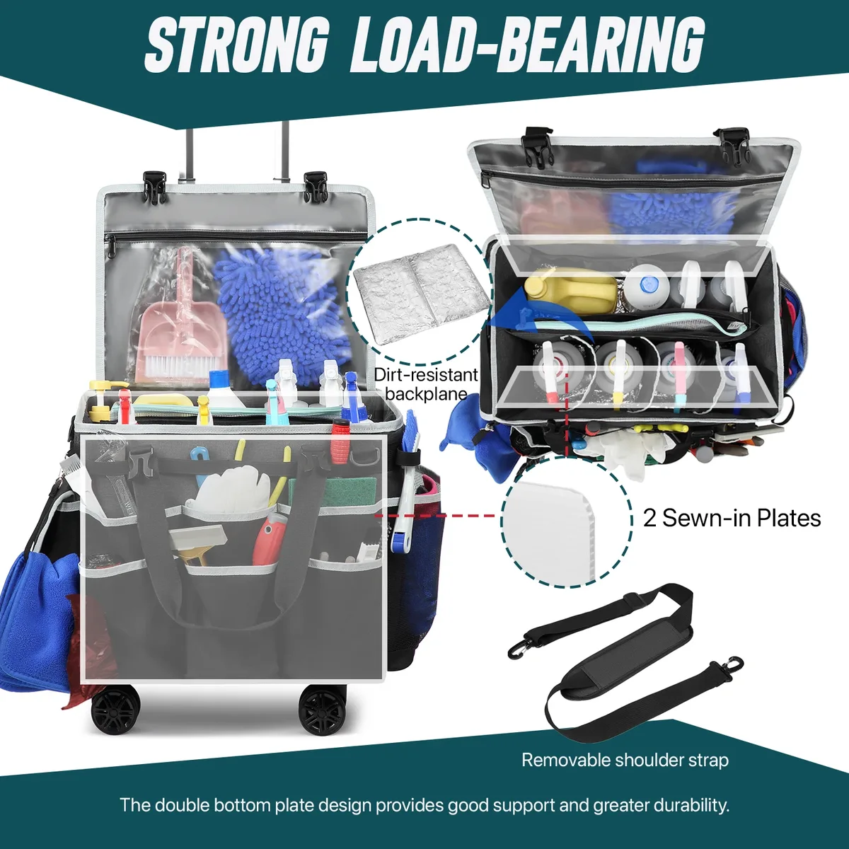 sac de caddie de nettoyage roulant, sac à outils, sac de rangement d'outils de nettoyage, grand sac de nettoyage portable professionnel avec roues, sacs oxford