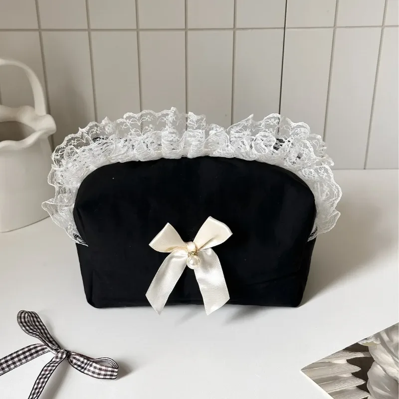 trousse de maquillage coréenne avec nœud en dentelle noire, organisateur de cosmétiques de grande capacité, pochette de toilette de voyage mignonne
