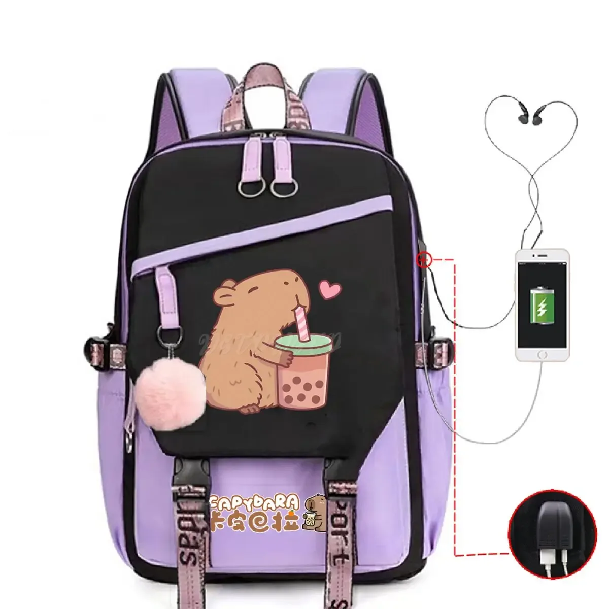 mignon capybara amoureux bulle thé sac à dos femmes filles usb sac de charge grande capacité ordinateur portable capybara sac à dos femmes sacs de voyage