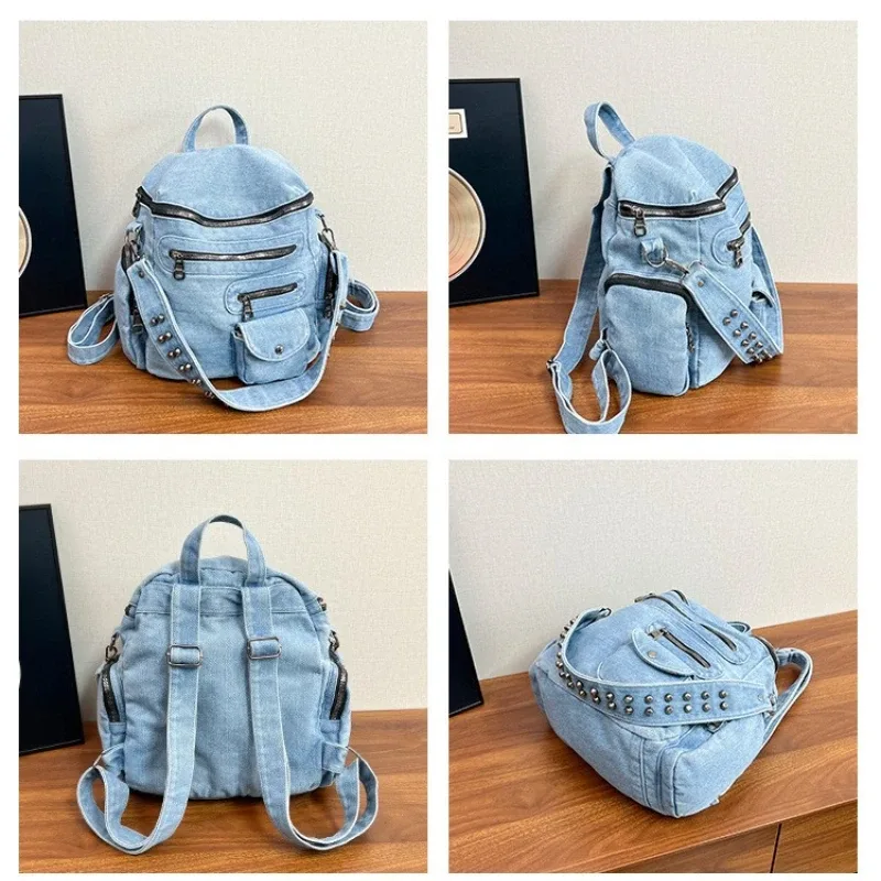 nouveau sac à dos en jean vintage 2026, sac moto multi-poches pour femme, sac à bandoulière au design original, sac d'école décontracté, sac à dos de voyage