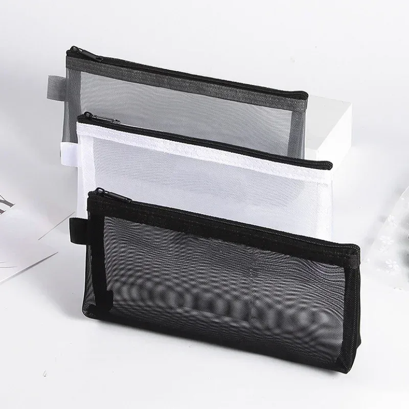 Trousse de maquillage grise et noire, grande capacité, maille transparente, sacs pour pinceaux cosmétiques, étudiants, couleur unie, fermeture éclair, trousse à crayons en Nylon