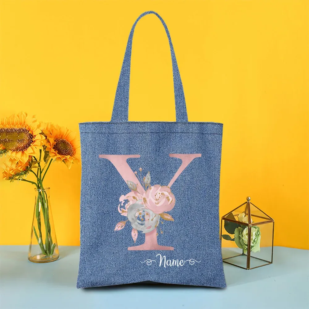 sac fourre-tout en denim personnalisé avec lettre avec nom, sac à main pour mariage, enterrement de vie de jeune fille, sacs de demoiselle d'honneur, sac à bandoulière de voyage, cadeau pour elle