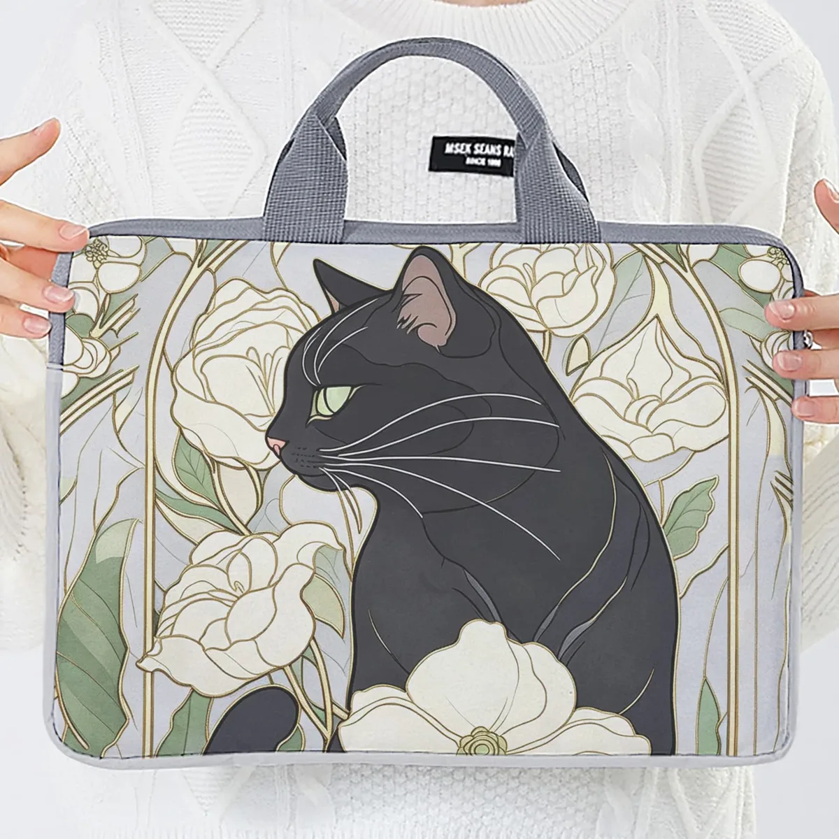 1 pièce, deux styles, sac pour ordinateur portable imprimé motif camélia et chat noir, housse souple en tissu pour ordinateur portable, convient aux ordinateurs portables de 14 pouces
