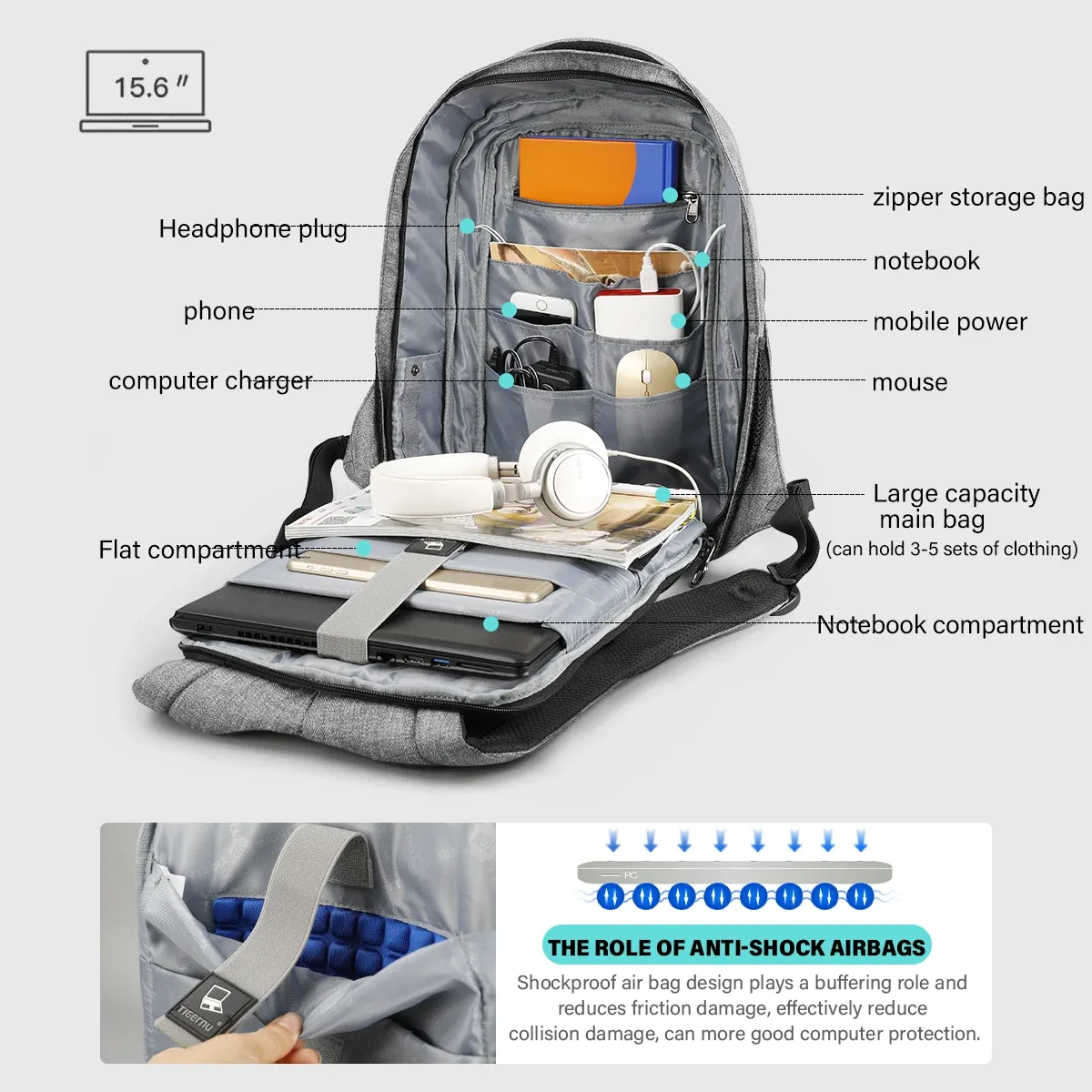 tigernu hommes anti-vol sac à dos 15.6 pouces sac à dos pour ordinateur portable sacs avec port usb sacs de voyage mâle mochila cartables décontractés sac à dos