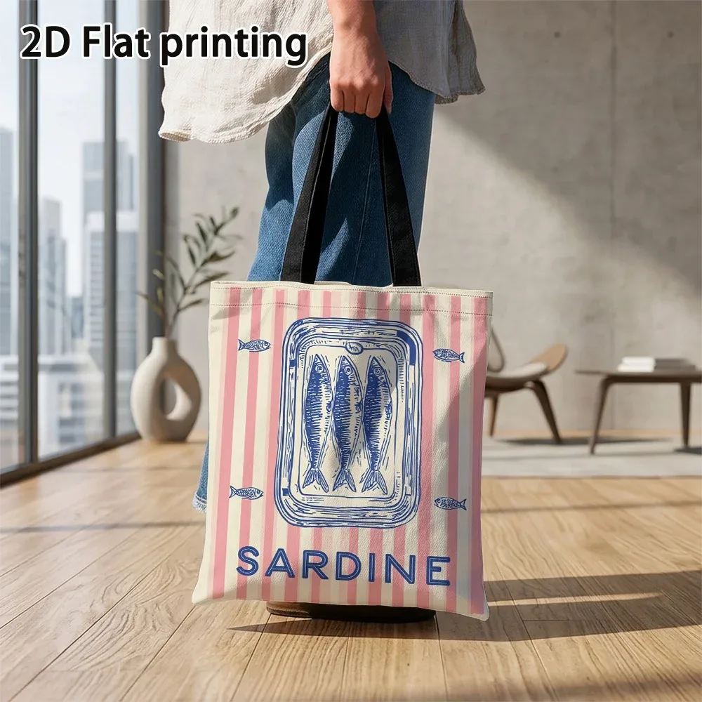 sac fourre-tout au design rétro vibrant motif sardine, sacs d'épicerie légers et réutilisables avec bretelles fixes, pour le shopping et l'usage quotidien