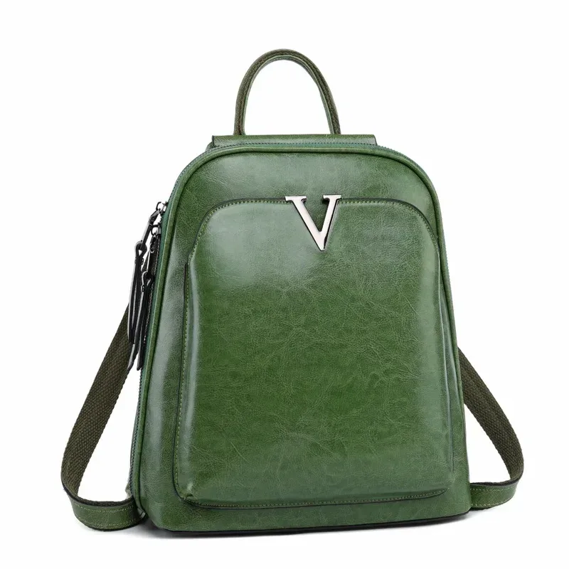 sac à dos en cuir véritable à la cire d'huile pour femmes, à bandoulière, en cuir de vache, pour l'école, de jour, rétro, à la mode