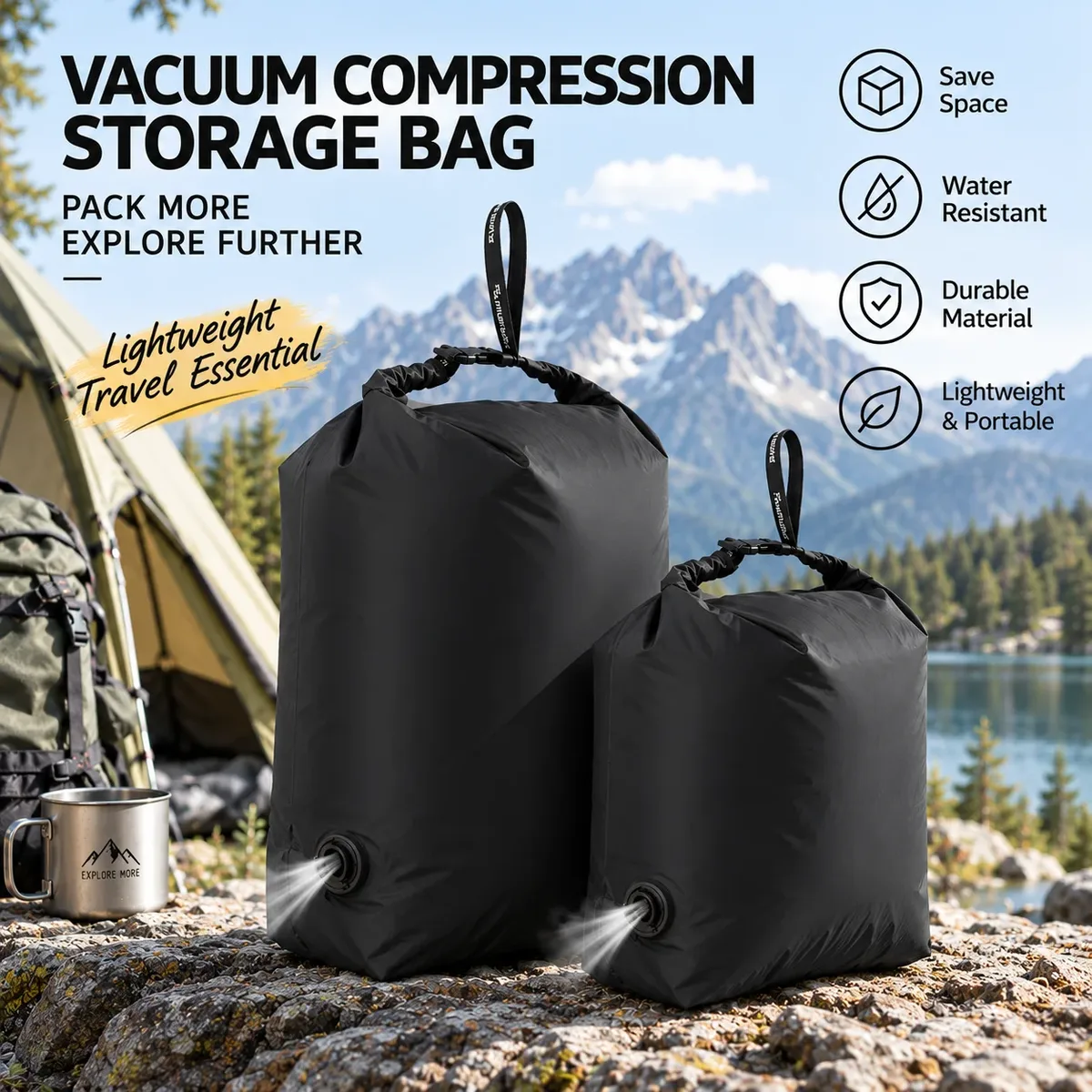 sac de compression sous vide pour glamping, pas de pompe nécessaire, organisateur d'équipement imperméable pou