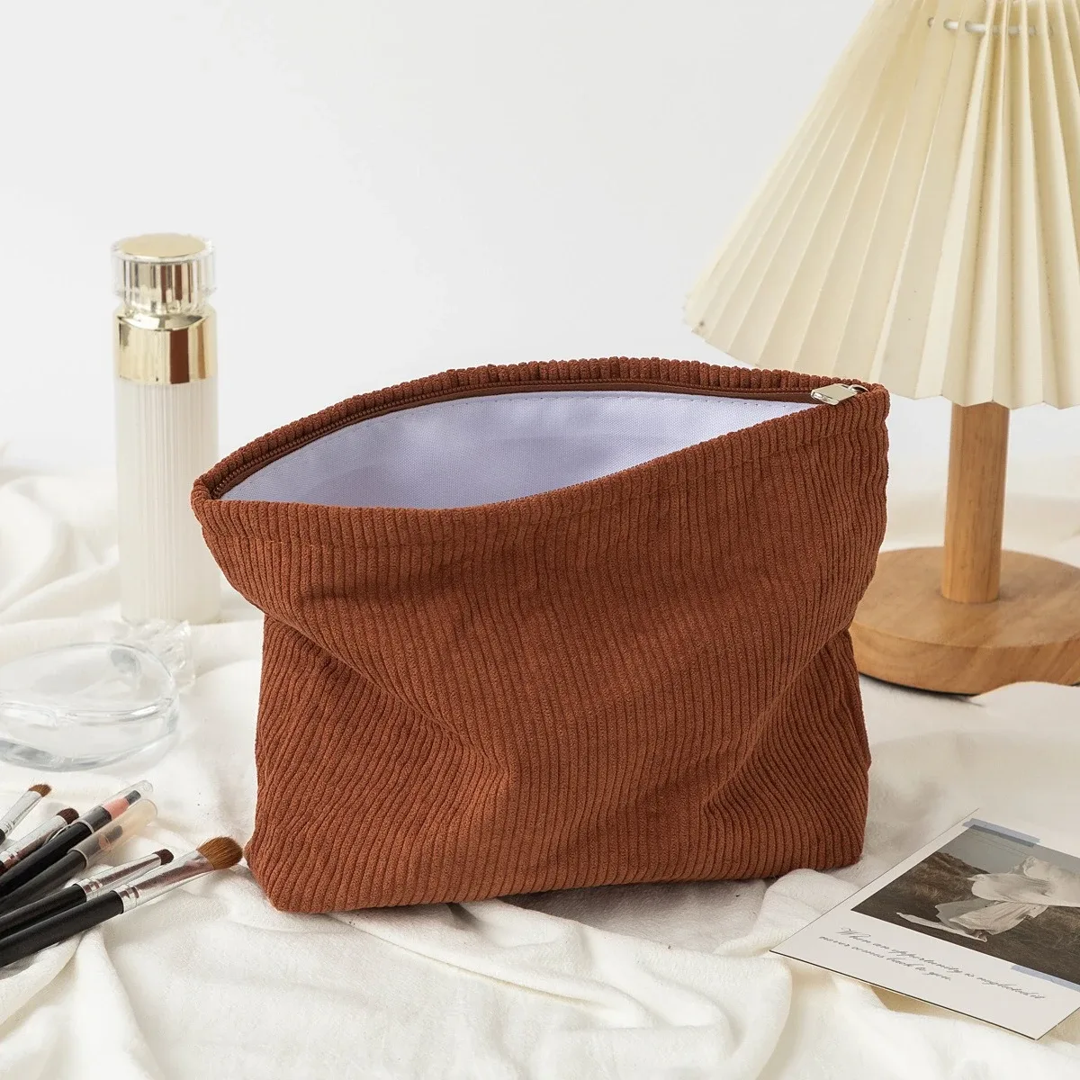 sac à cosmétiques en velours côtelé pour femmes, organisateur de maquillage coréen de couleur unie, pochette de toilette de voyage, trousse de beauté