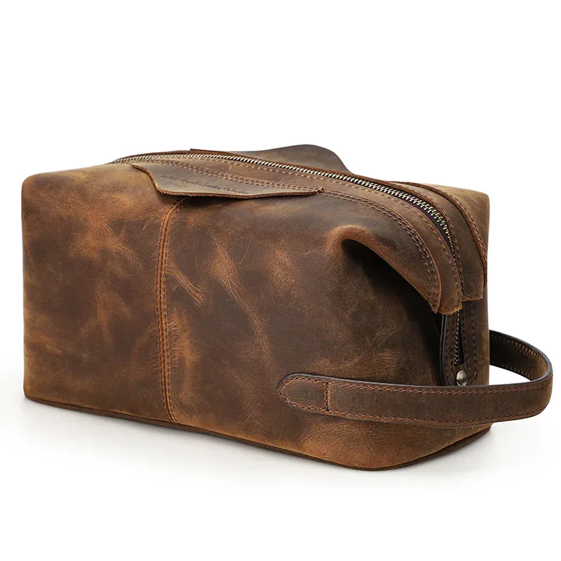 contact's crazy horse – trousse à cosmétiques en cuir pour hommes, trousse de toilette, pochette de maquillage pour hommes, rangement de lavage de voyage vintage, grande capacité