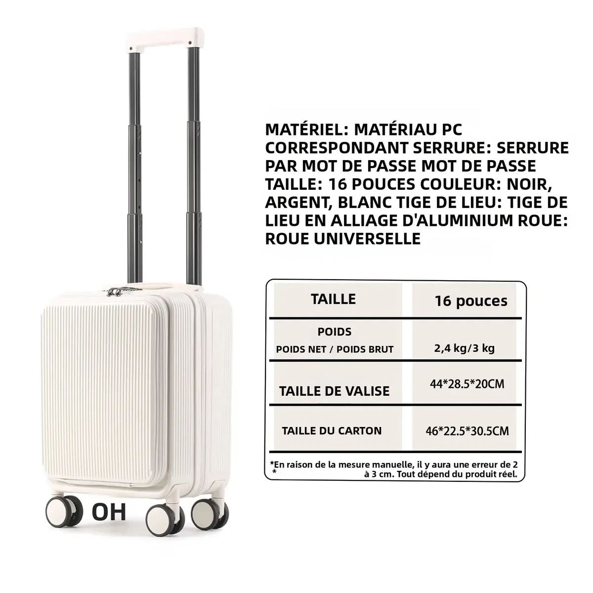 bagage à main extensible de 16 pouces, valise à ouverture frontale, grand compartiment profond, organisateur humide/sec abs + pc 360 ° roues à rotation silencieuses
