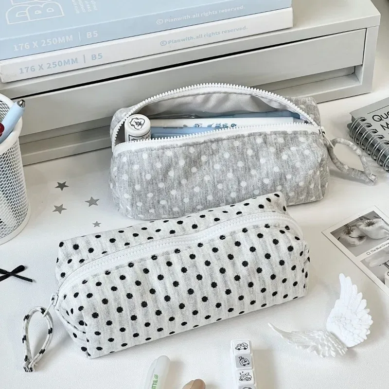 trousse de maquillage de voyage pour femmes, étui cosmétique grande capacité, trousse à crayons pour étudiants, pochette au style coréen minimaliste à pois