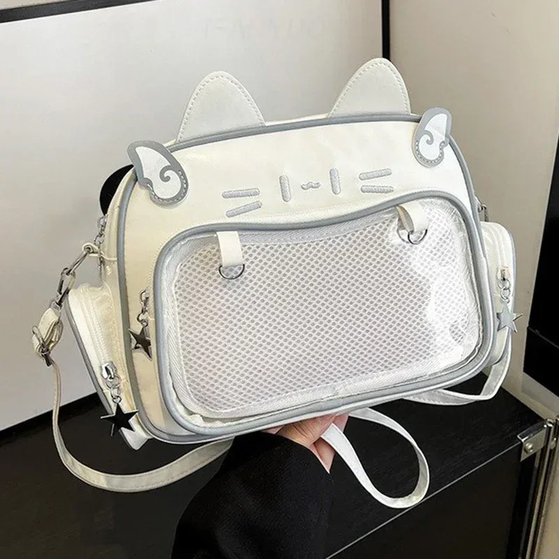 sacs à dos de mode pour femmes, style y2k, sac ita chat kawaii japonais, sacs à bandoulière en pu pour filles mignonnes, poche transparente, esthétique initiée