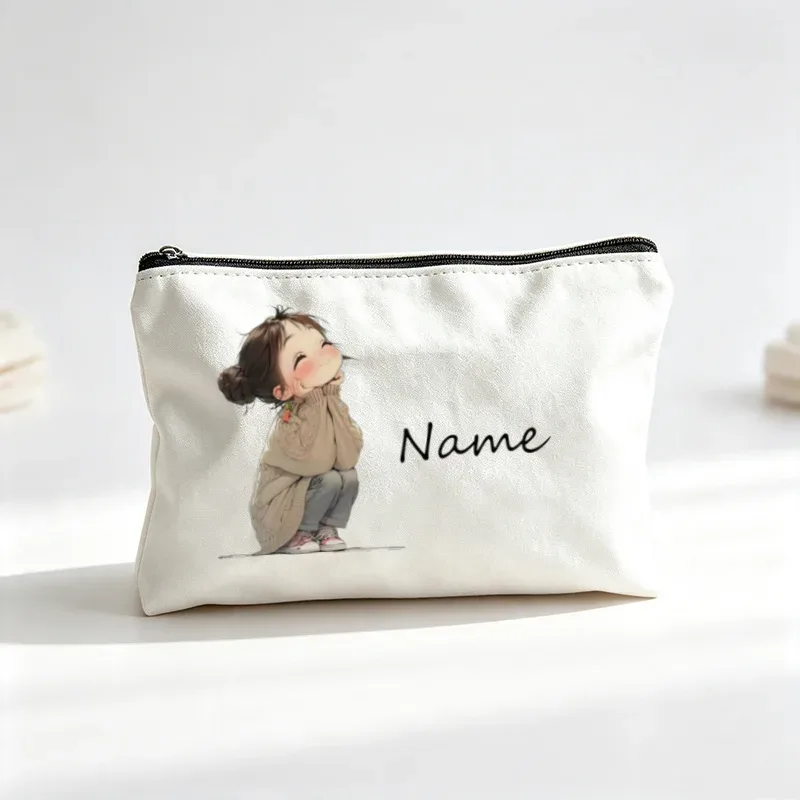 Pochette de maquillage personnalisée avec imprimé de fille de dessin animé mignon, sac cosmétique de voyage, étui à fermeture éclair pour le rangement des rouges à lèvres, étui à crayons, sac à maquillage, cadeau pour femmes